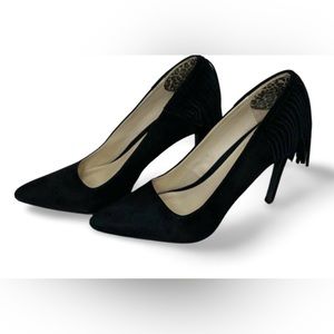 Mia black suede fringe heels